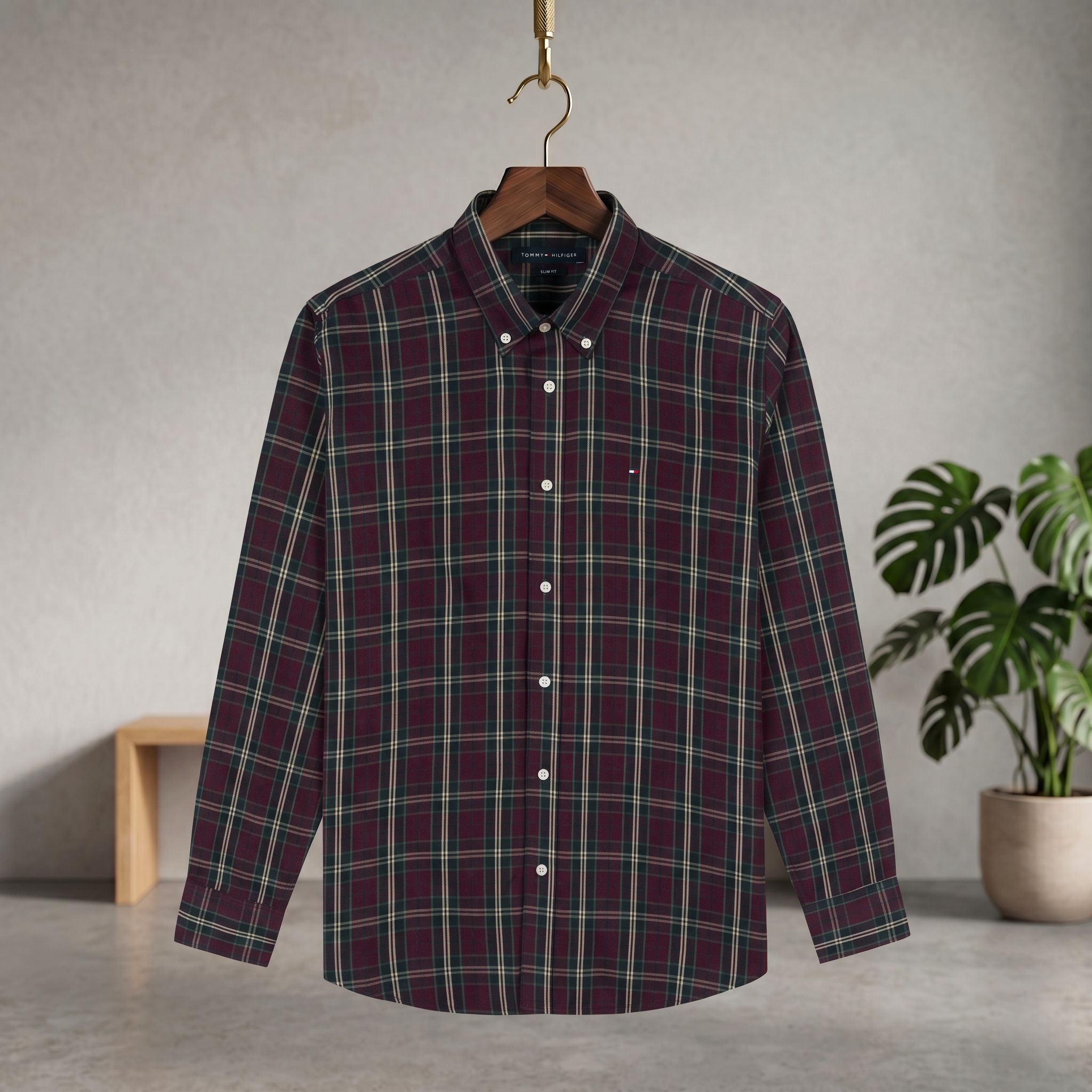 Plaid button-up check shirt in dark red with green and blue stripes