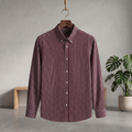 Burgundy and white check button-up shirt with long sleeves and button front