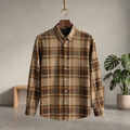 Plaid check shirt in brown and tan with button front and chest pocket