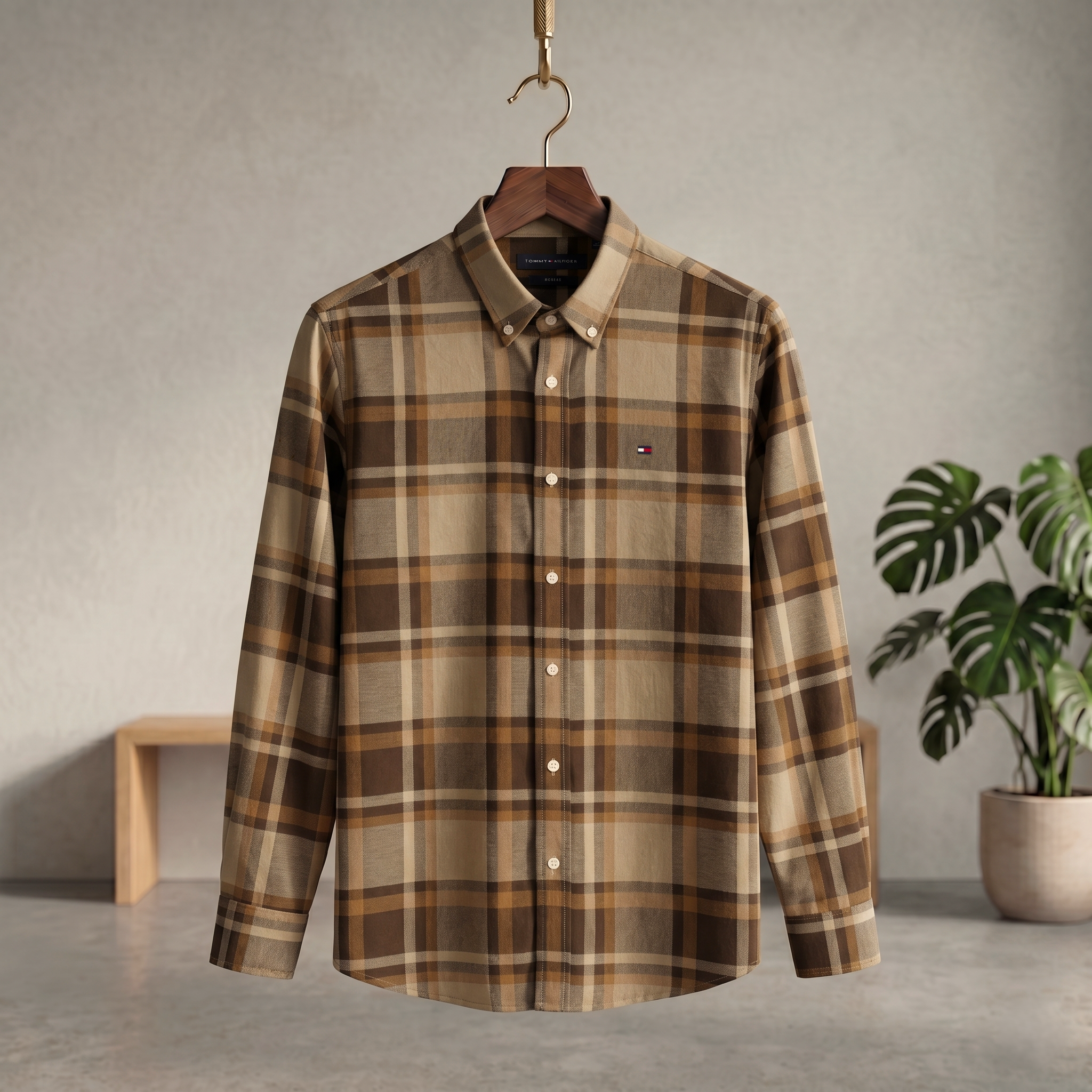 Plaid check shirt in brown and tan with button front and chest pocket