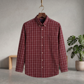 Maroon check button-up shirt with long sleeves and point collar