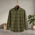 Olive green check button-up shirt with chest pocket and long sleeves, button front