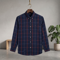 Navy plaid check long-sleeve button-up shirt with red grid and chest pocket