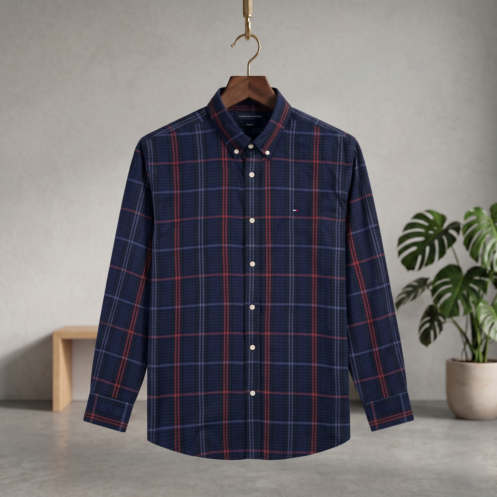 Navy plaid check long-sleeve button-up shirt with red grid and chest pocket