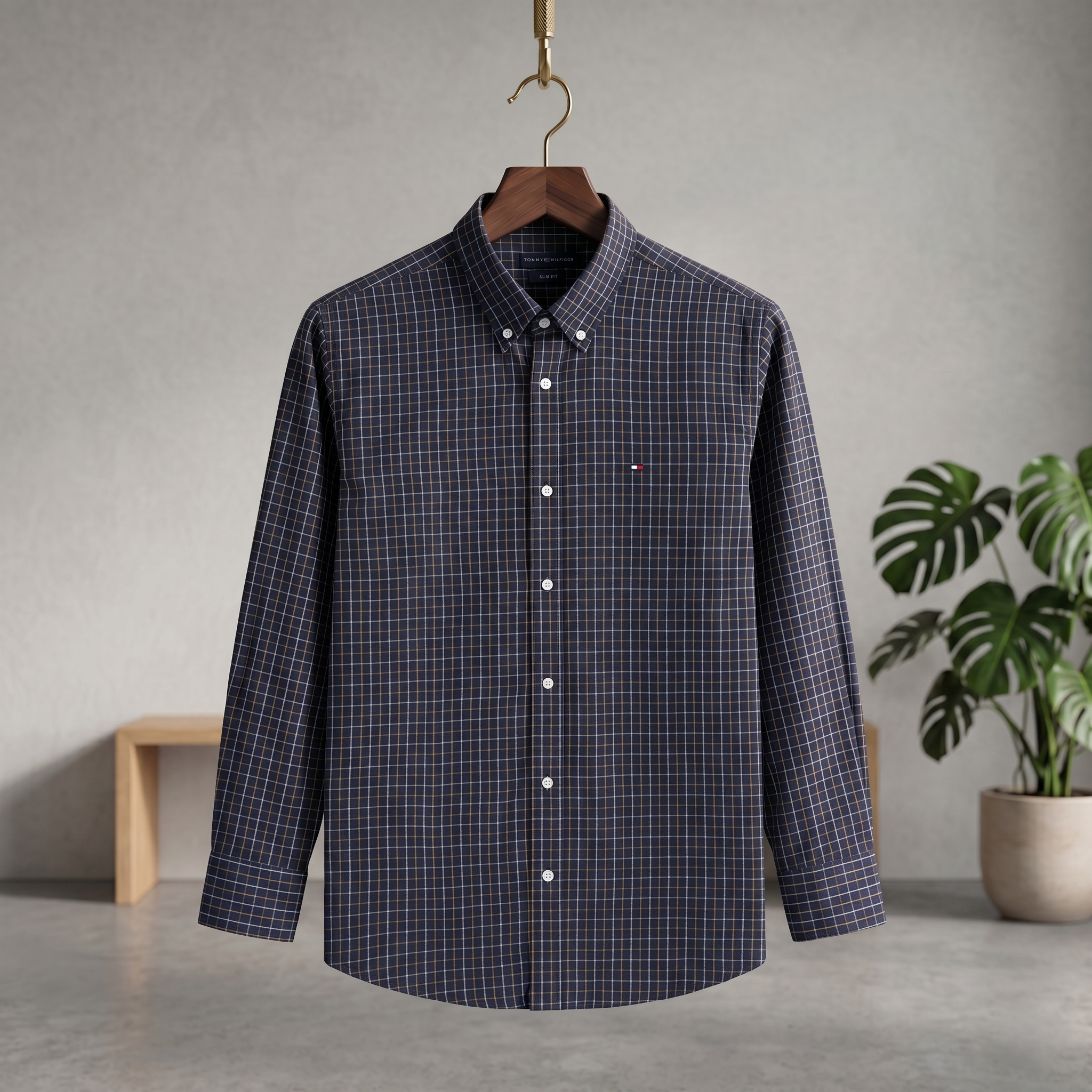 Navy check button-up shirt with long sleeves and button-down collar