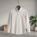 Men's check button-up shirt, white with light tan stripes, long sleeves and collar