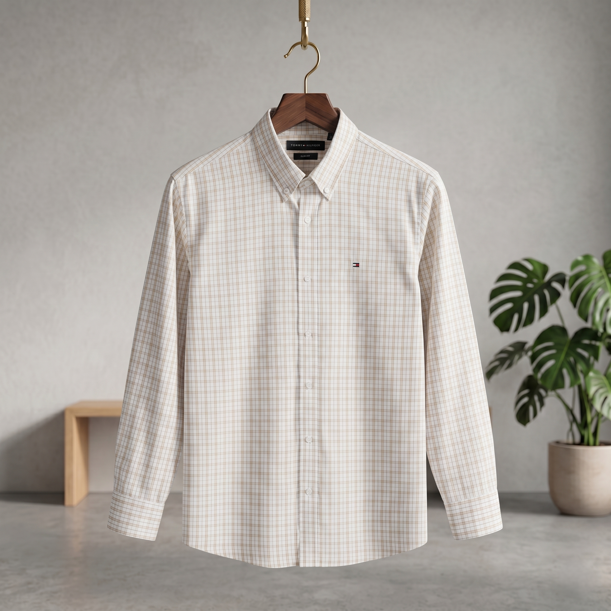 Men's check button-up shirt, white with light tan stripes, long sleeves and collar