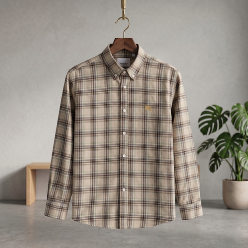 Beige Plaid button-up check shirt with long sleeves, collared neckline, chest pocket detail