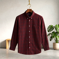 Red plaid button-up check shirt with long sleeves and collar