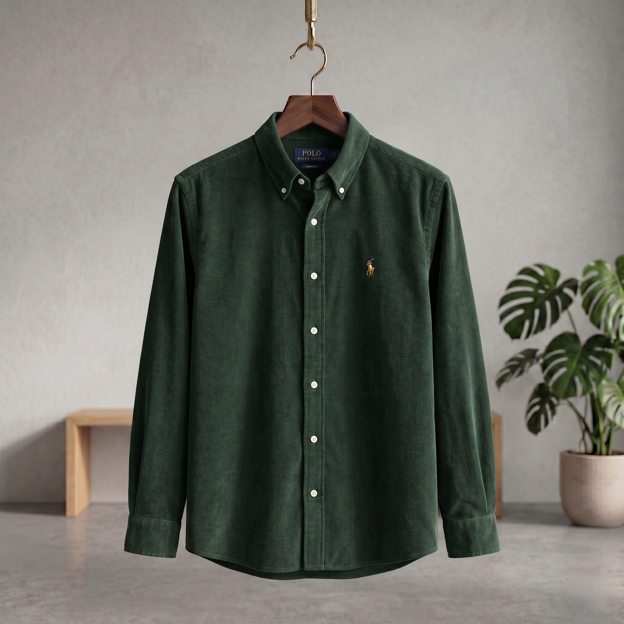 Dark green corduroy button-up shirt with button front and small chest logo