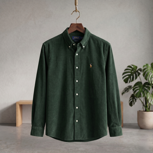 Dark green corduroy button-up shirt with button front and small chest logo