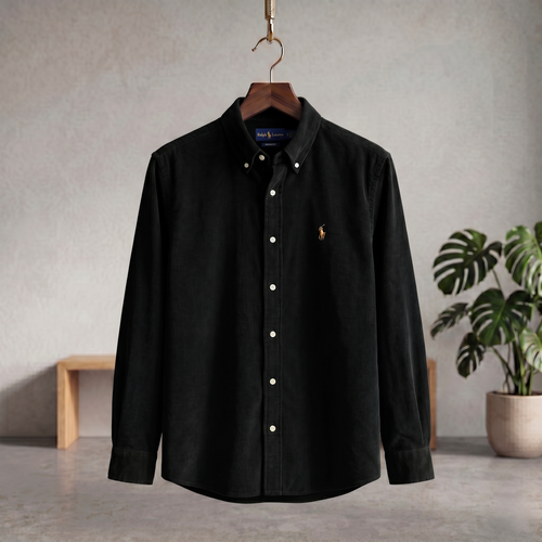 Black corduroy button-up shirt with pointed collar and long sleeves