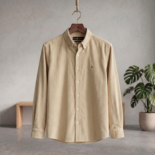 Light beige corduroy button-up shirt with long sleeves and pointed collar