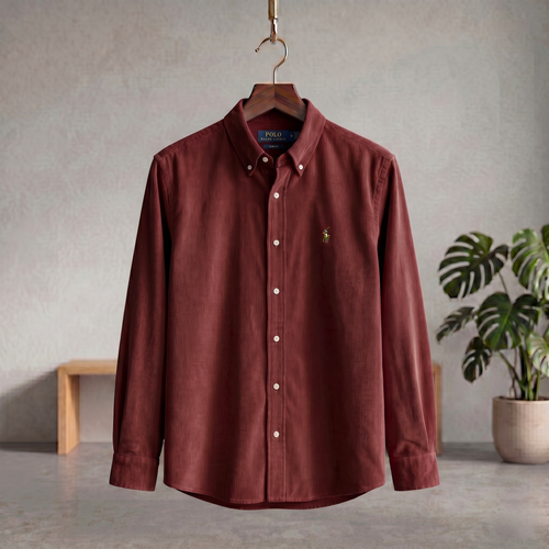 Maroon corduroy button-up shirt with collar and long sleeves