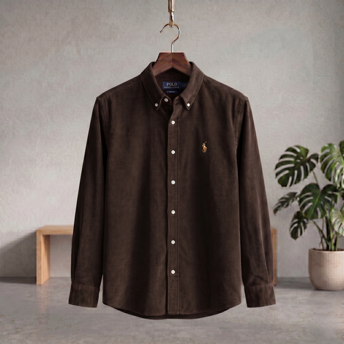 Corduroy button-up shirt in dark brown with button placket and chest logo