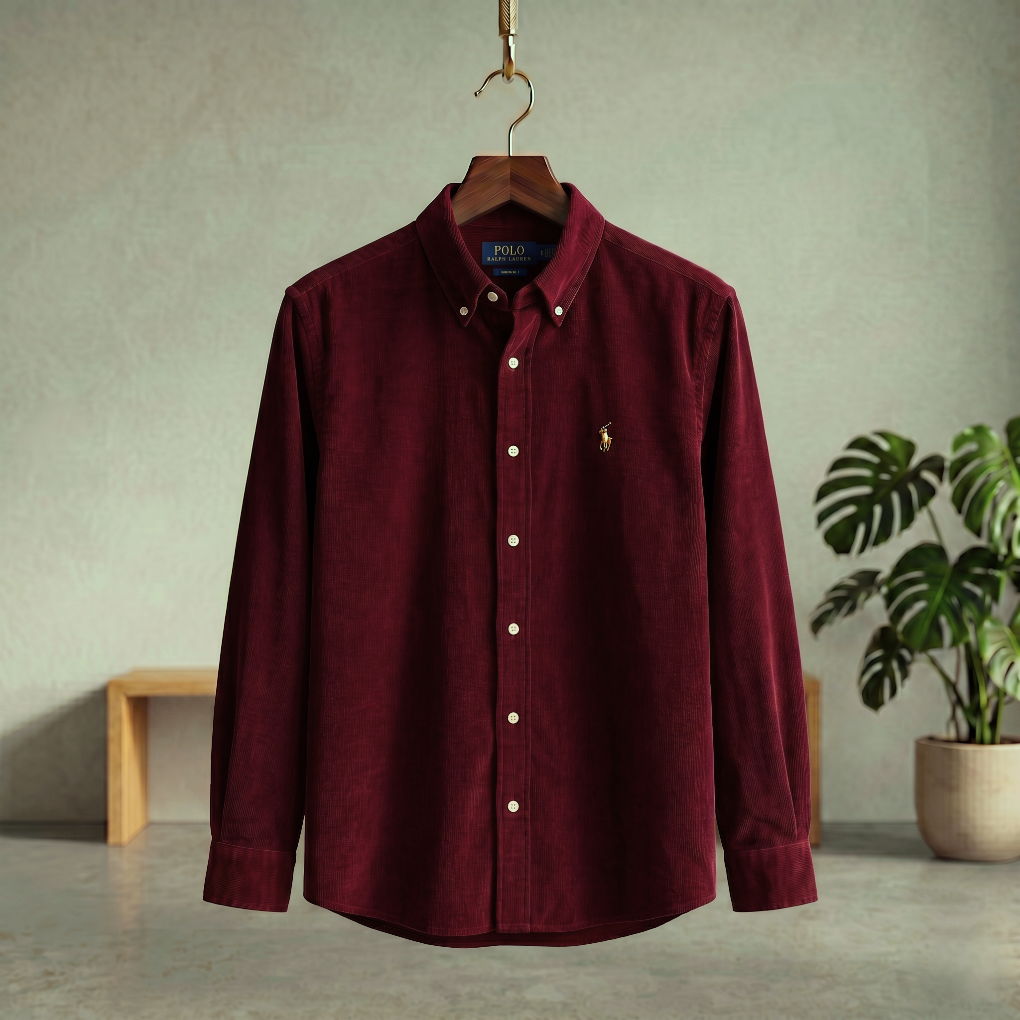 Burgundy corduroy button-up shirt with long sleeves and collar, chest logo.