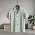 Cuban half shirt, light blue textured short-sleeve button-up with camp collar