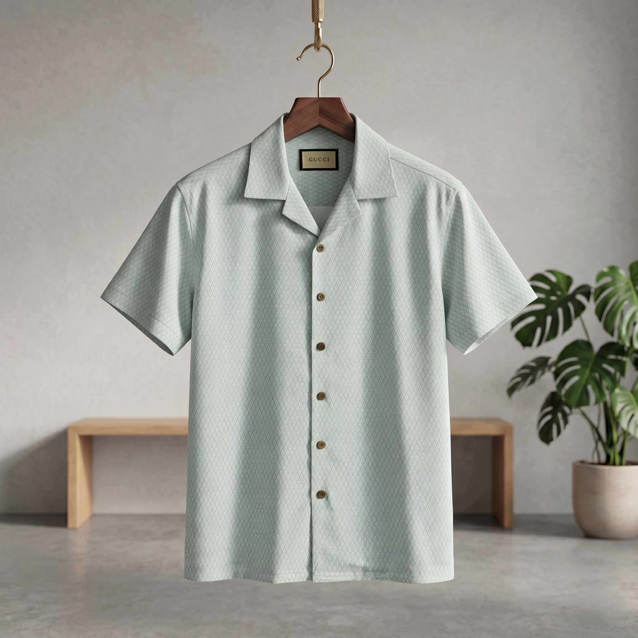 Cuban half shirt, light blue textured short-sleeve button-up with camp collar