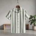 Cuban half shirt with green-and-white vertical stripes, short sleeves, button front, collar