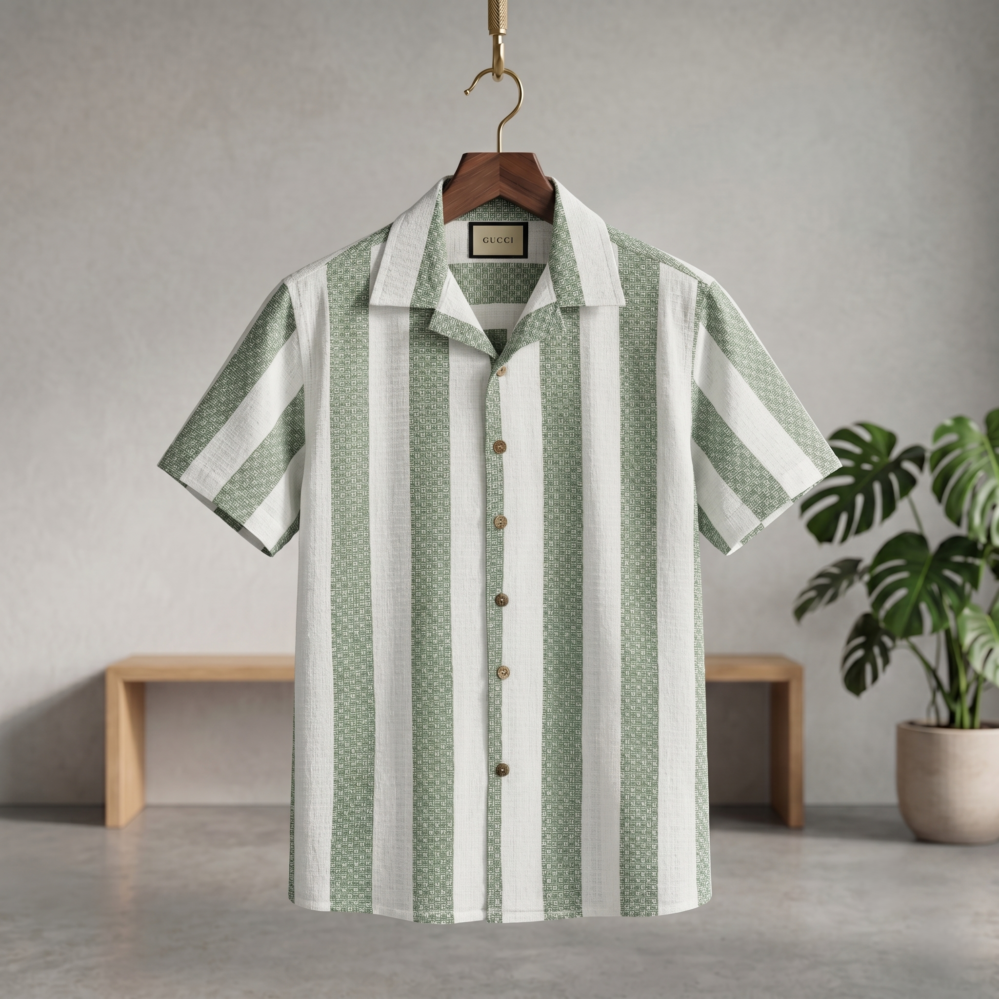 Cuban half shirt with green-and-white vertical stripes, short sleeves, button front, collar
