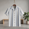 Cuban half shirt in light blue and white vertical stripes, short sleeves, button front