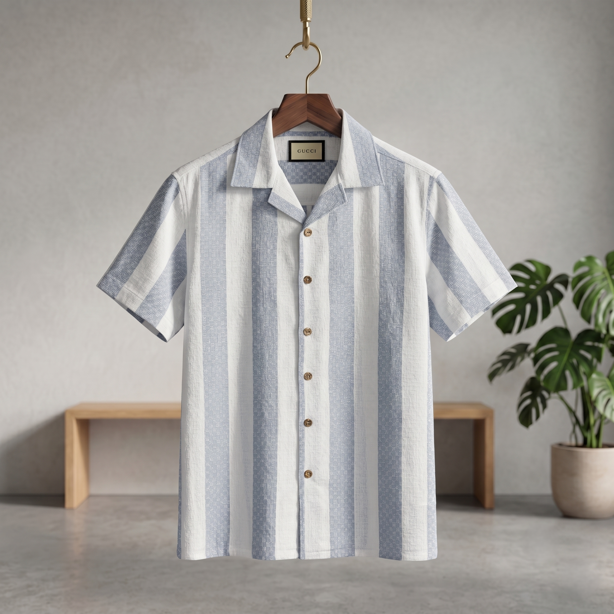 Cuban half shirt in light blue and white vertical stripes, short sleeves, button front