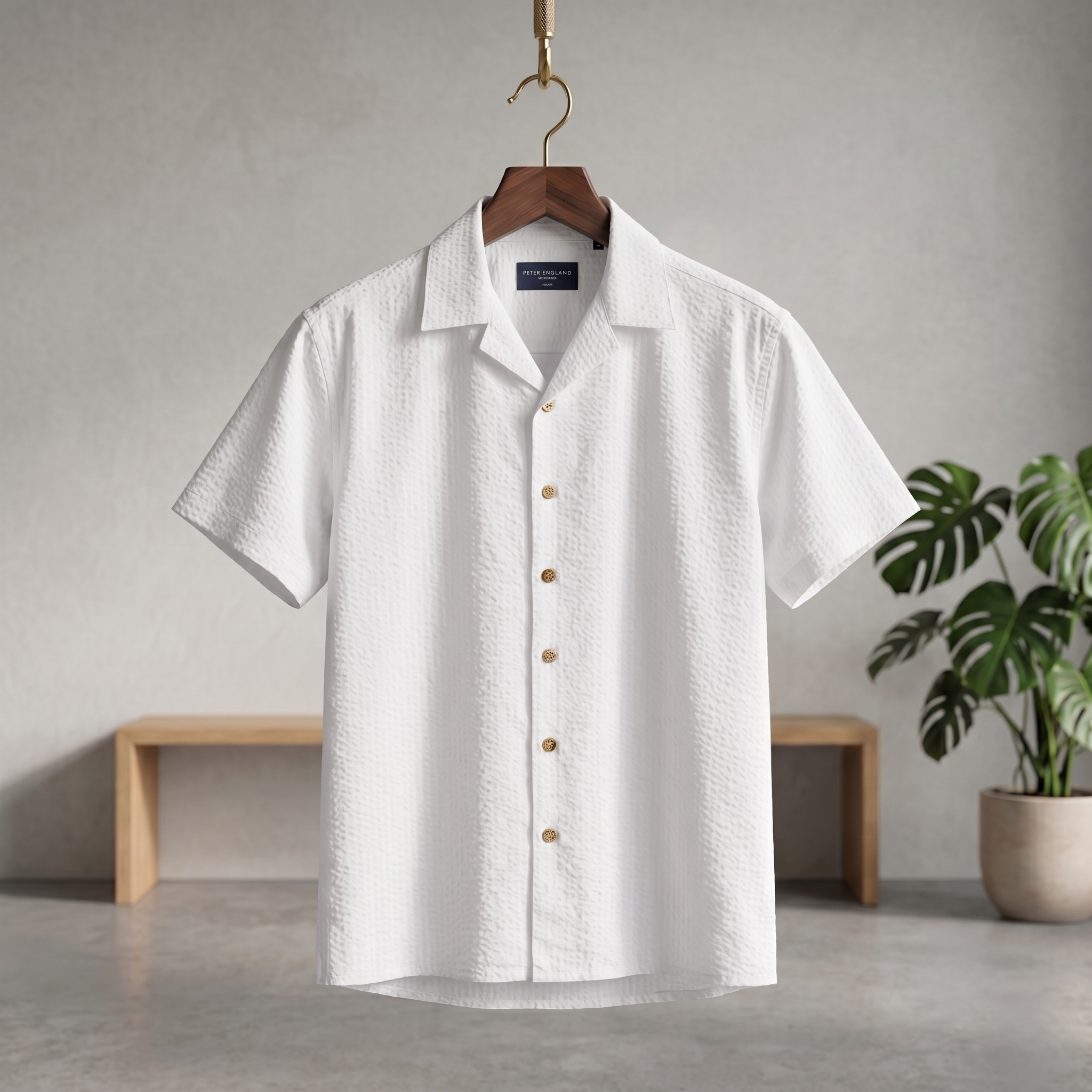 Seersucker Cuban half shirt, white short-sleeve button front