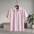 Pink seersucker Cuban half shirt with short sleeves, button front, and point collar