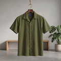 Olive seersucker Cuban half shirt, short sleeves, button-up front
