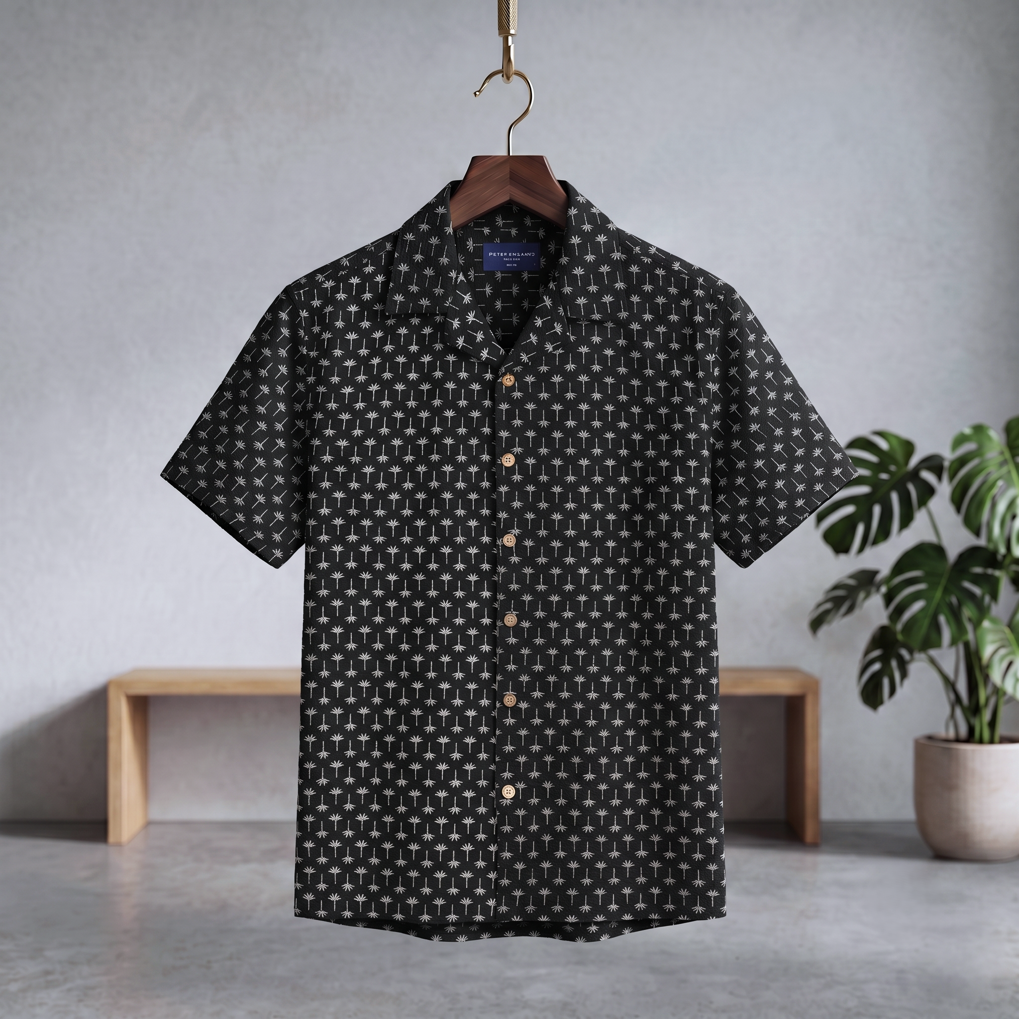 Black seersucker Cuban half shirt with short sleeves, button-front and subtle allover print