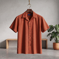 Orange seersucker Cuban half shirt with short sleeves and button front