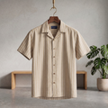Men's striped Cuban half shirt, cream and tan vertical stripes, button-up front