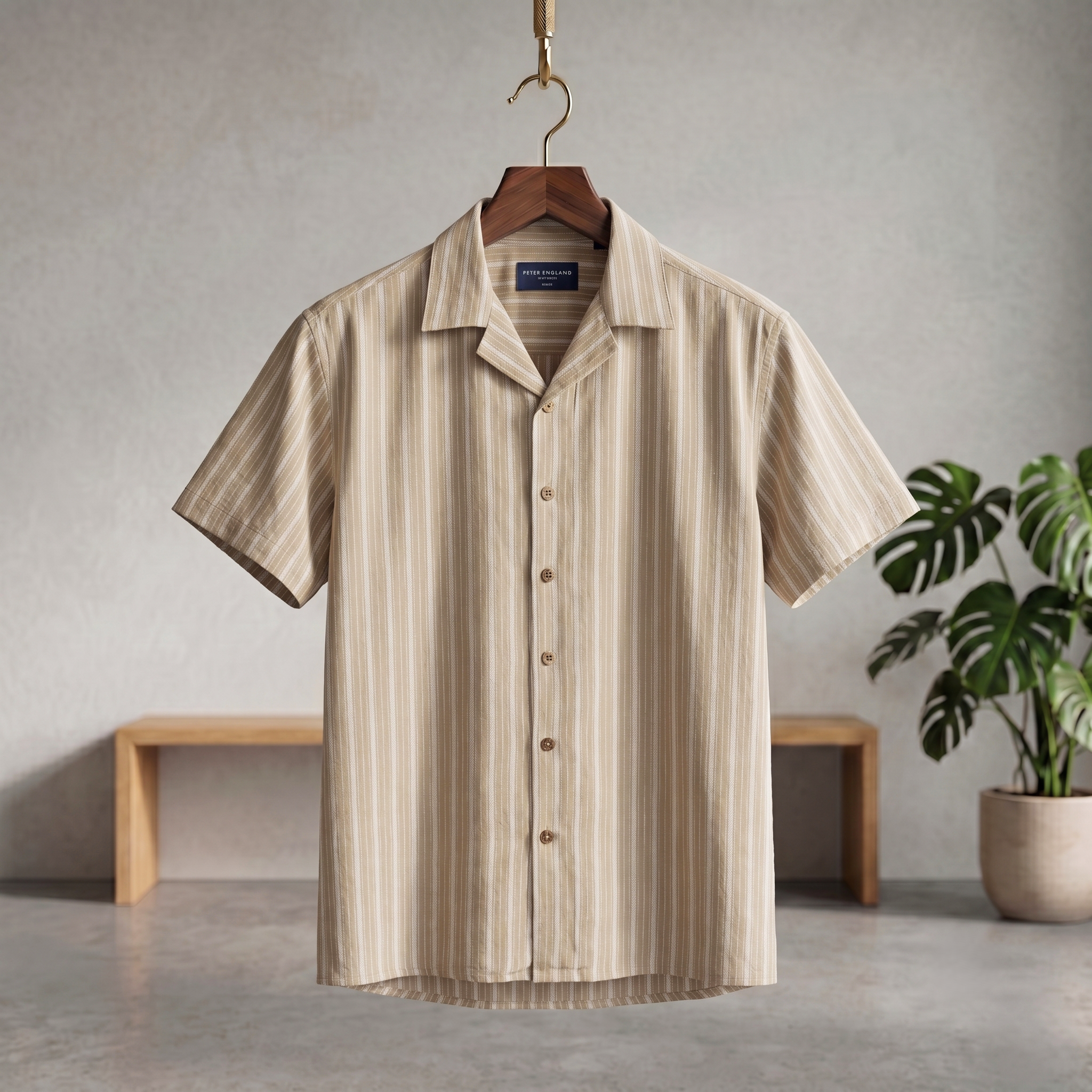 Men's striped Cuban half shirt, cream and tan vertical stripes, button-up front
