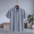 Cuban half shirt, dark blue with small white repeating print, short sleeves button-up