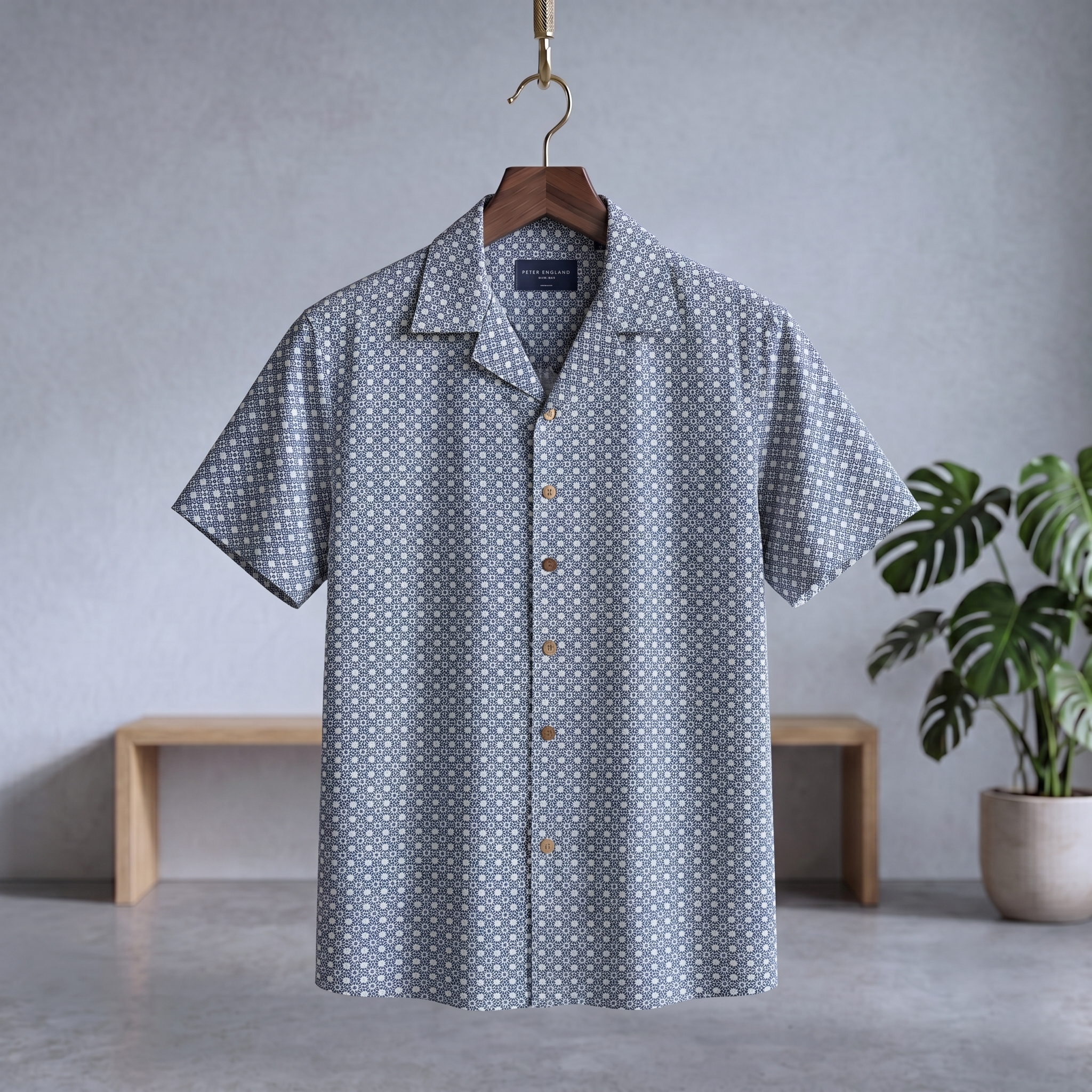 Cuban half shirt, dark blue with small white repeating print, short sleeves button-up