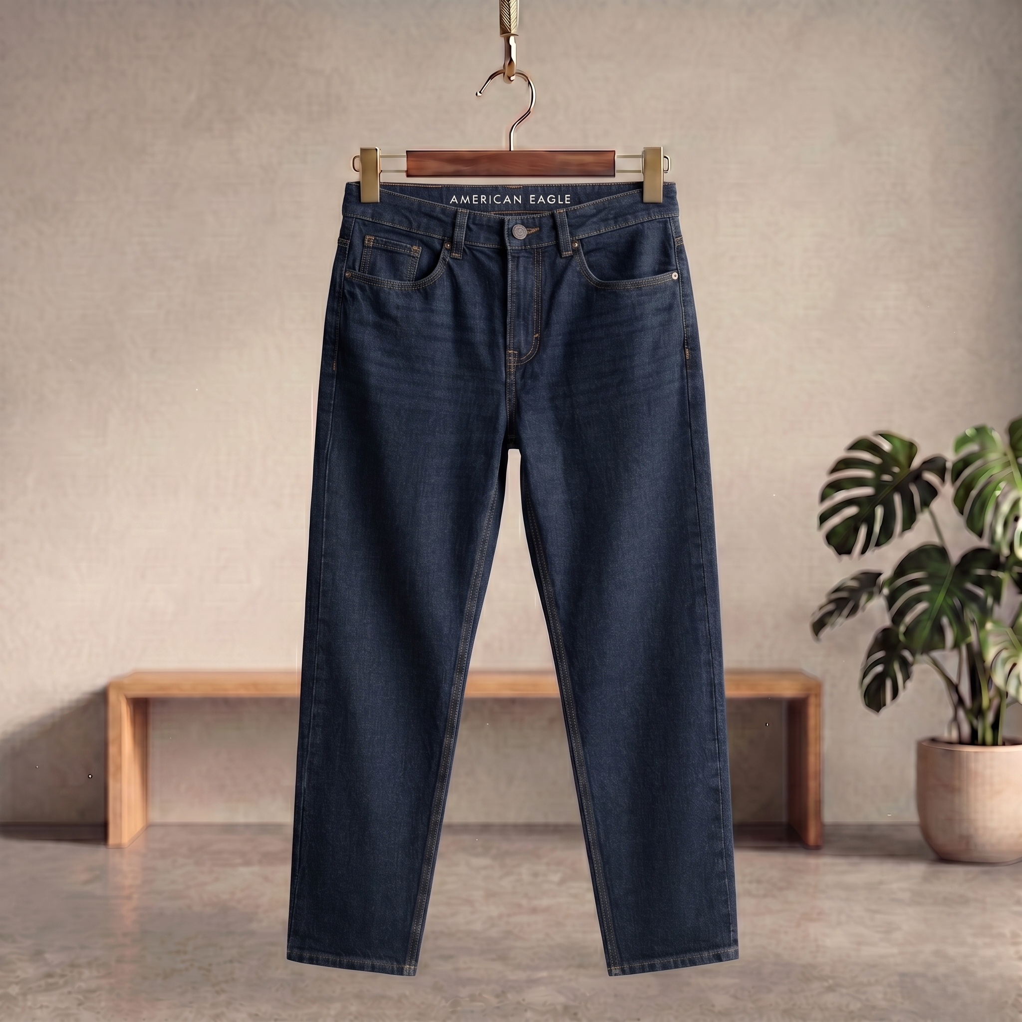 American Eagle denim jeans, dark blue wash, straight leg with belt loops and front pockets