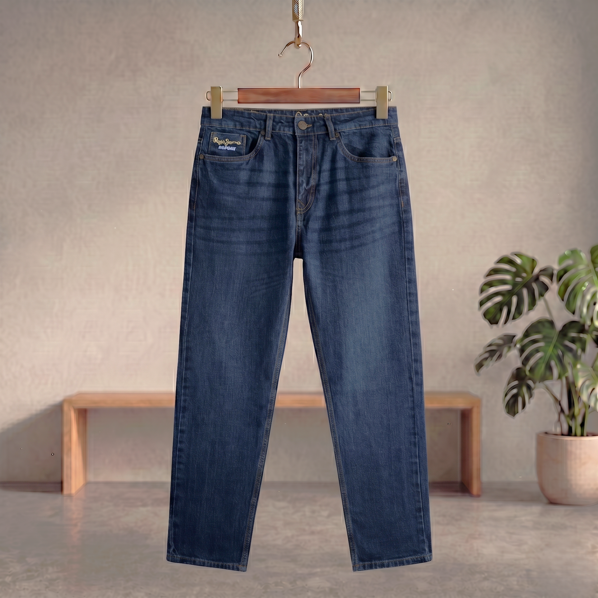 Blue denim jeans with straight legs, front pockets, button and zip closure