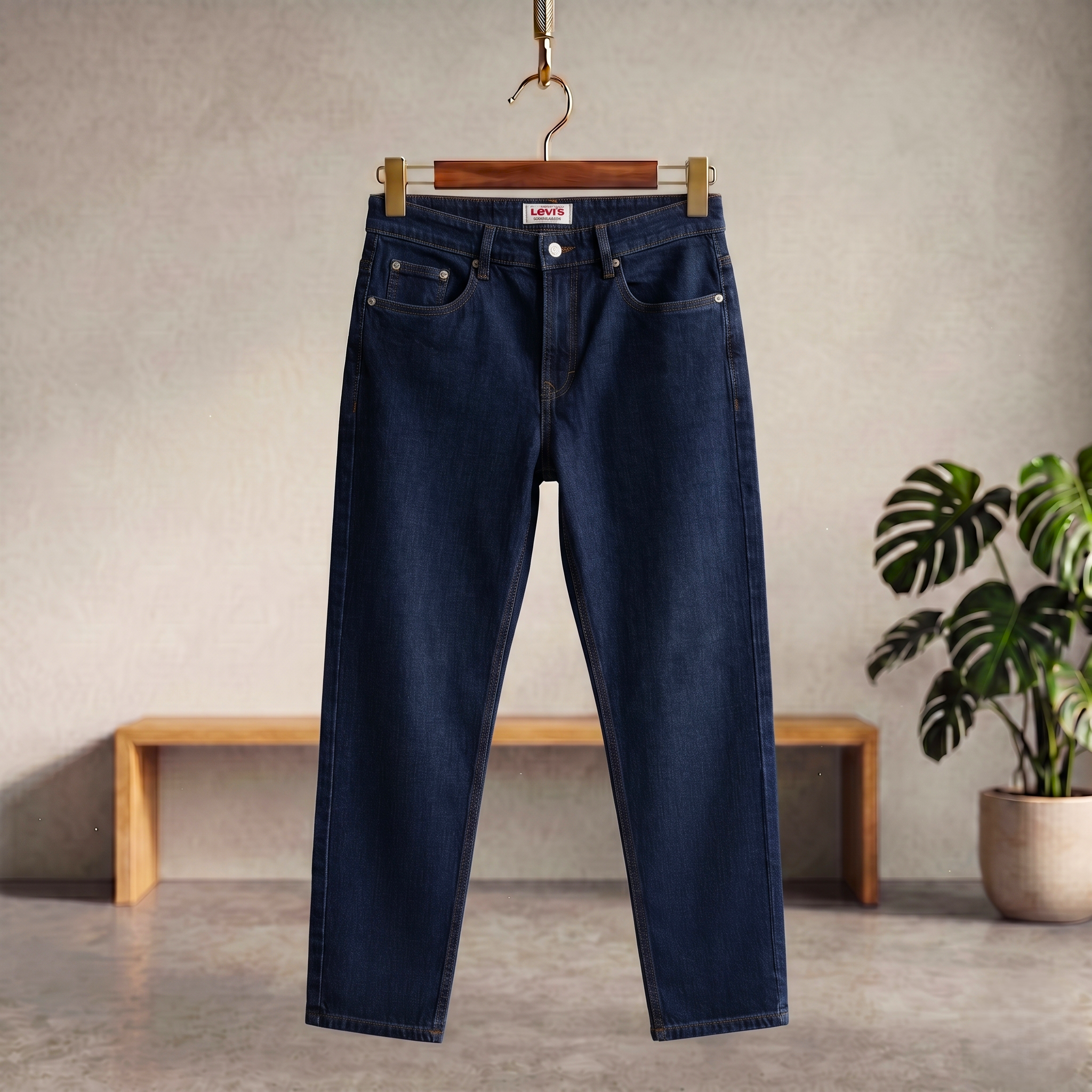 Dark blue denim jeans, front view with belt loops and five pockets