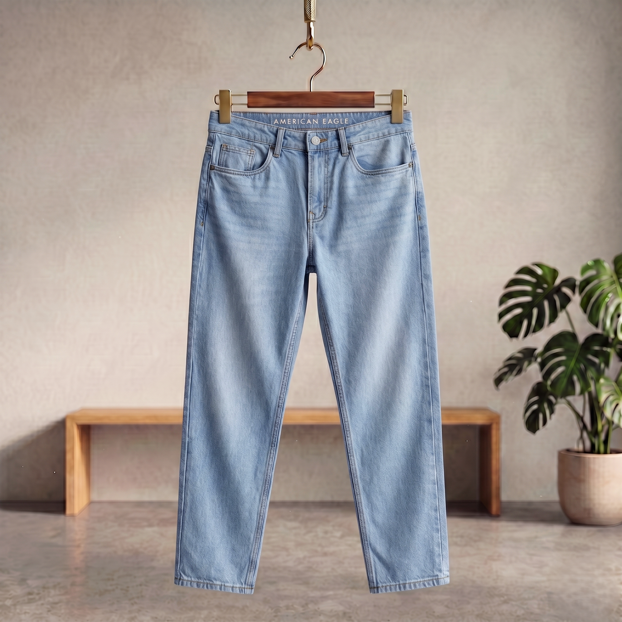 Light blue denim jeans with belt loops, button-fly front, and straight legs.