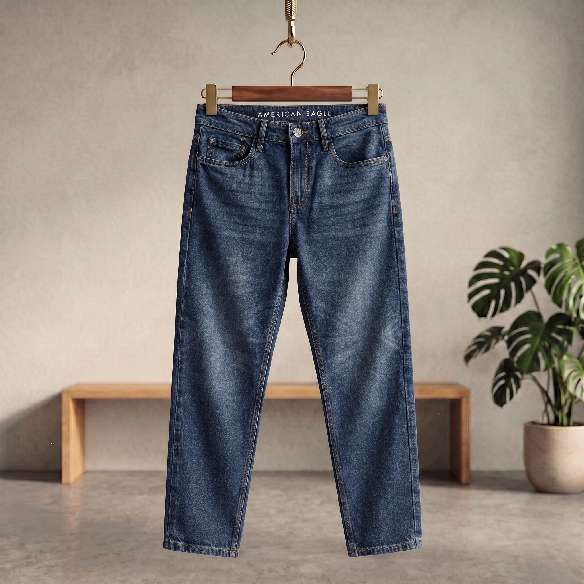 Mid-wash blue denim jeans with belt loops, front pockets, and straight legs