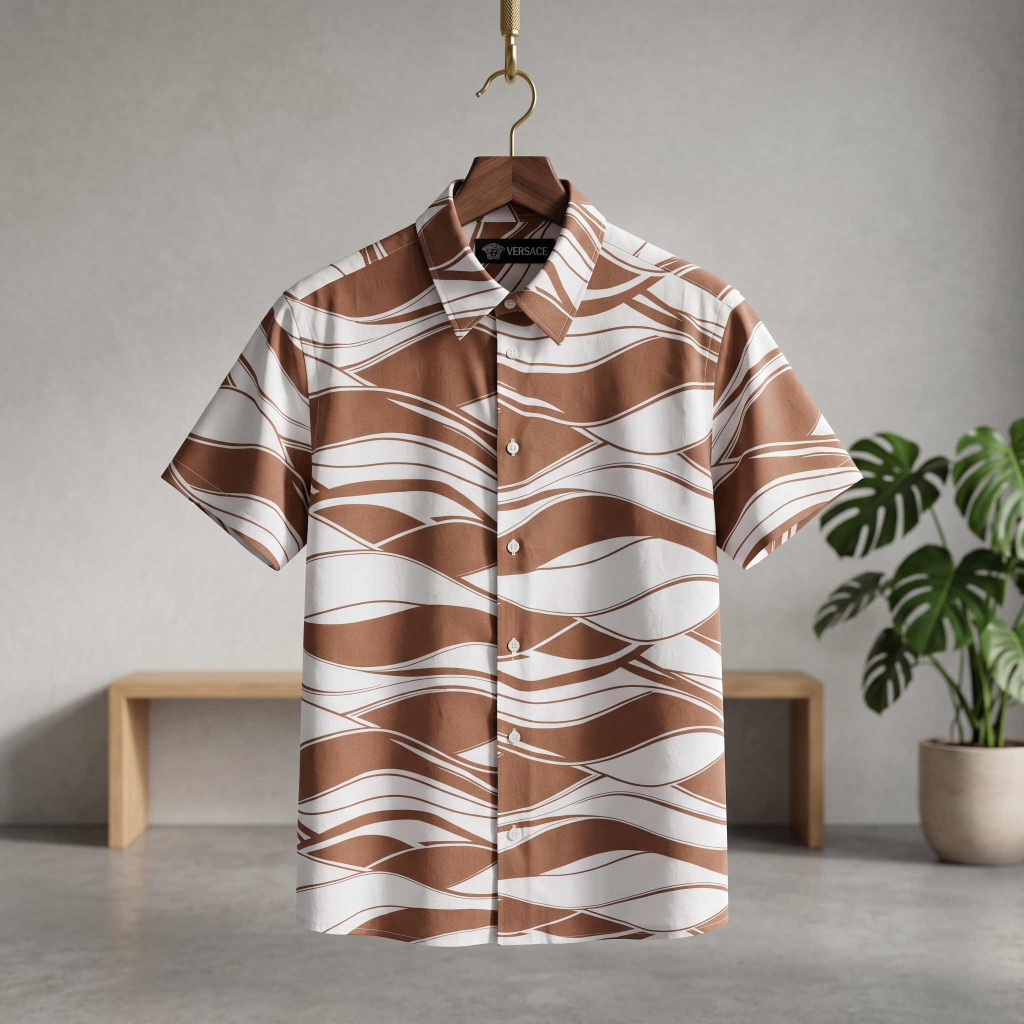 Brown and white striped wave print short-sleeve button-up Hawaiian half shirt