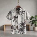 Hawaiian half shirt, white short-sleeve button-up with dark tropical leaf print