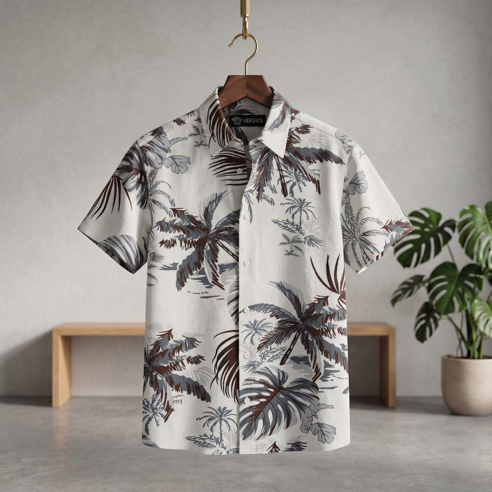 Hawaiian half shirt, white short-sleeve button-up with dark tropical leaf print