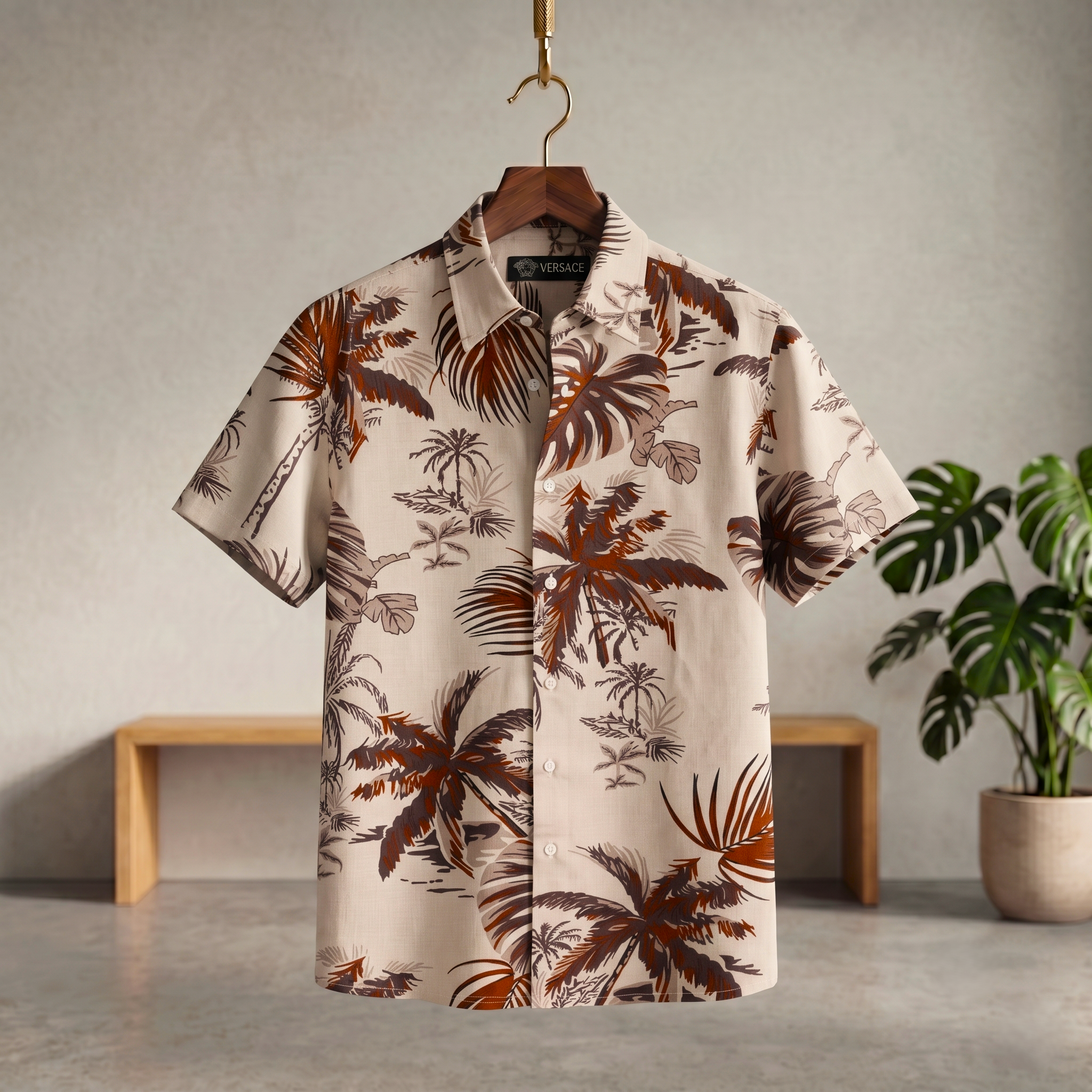 Hawaiian half shirt, short sleeves, button front, tropical leaf print