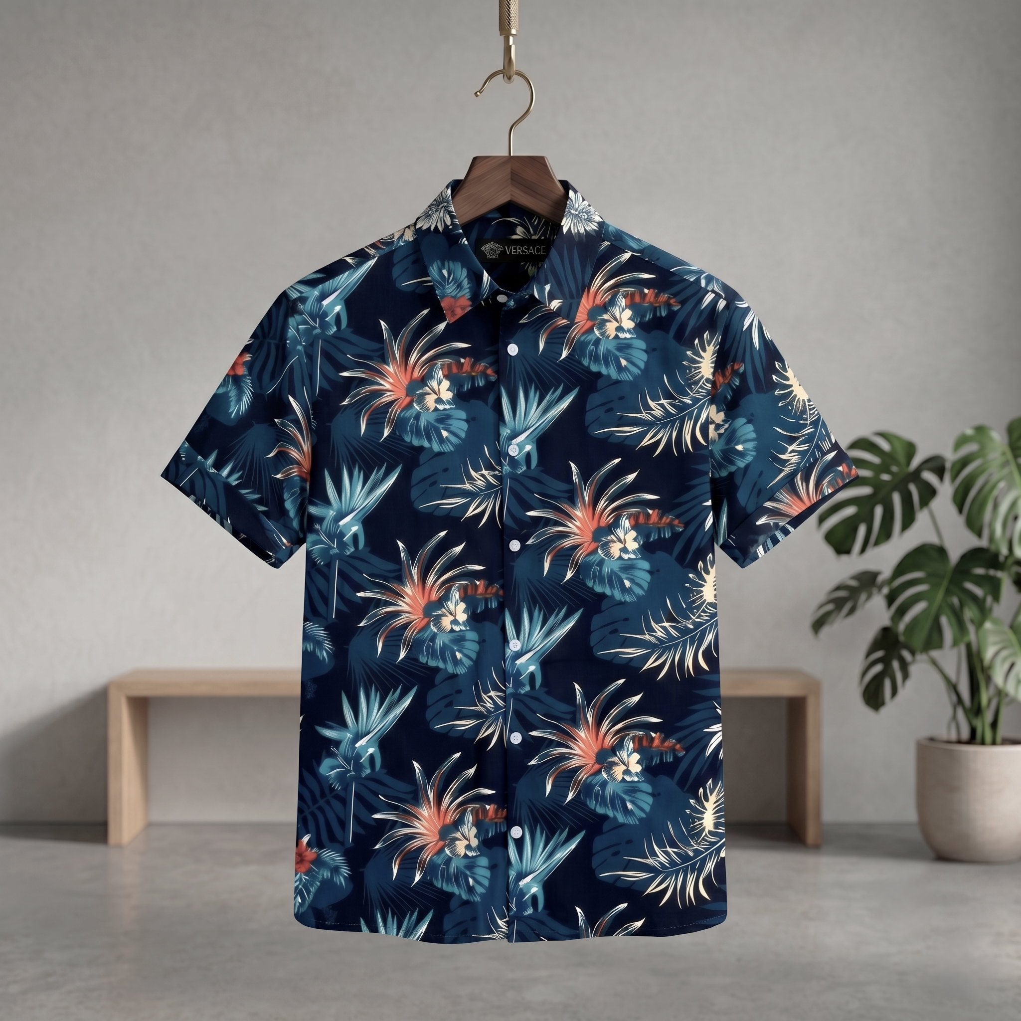 Navy tropical print short-sleeve button-up half shirt with point collar