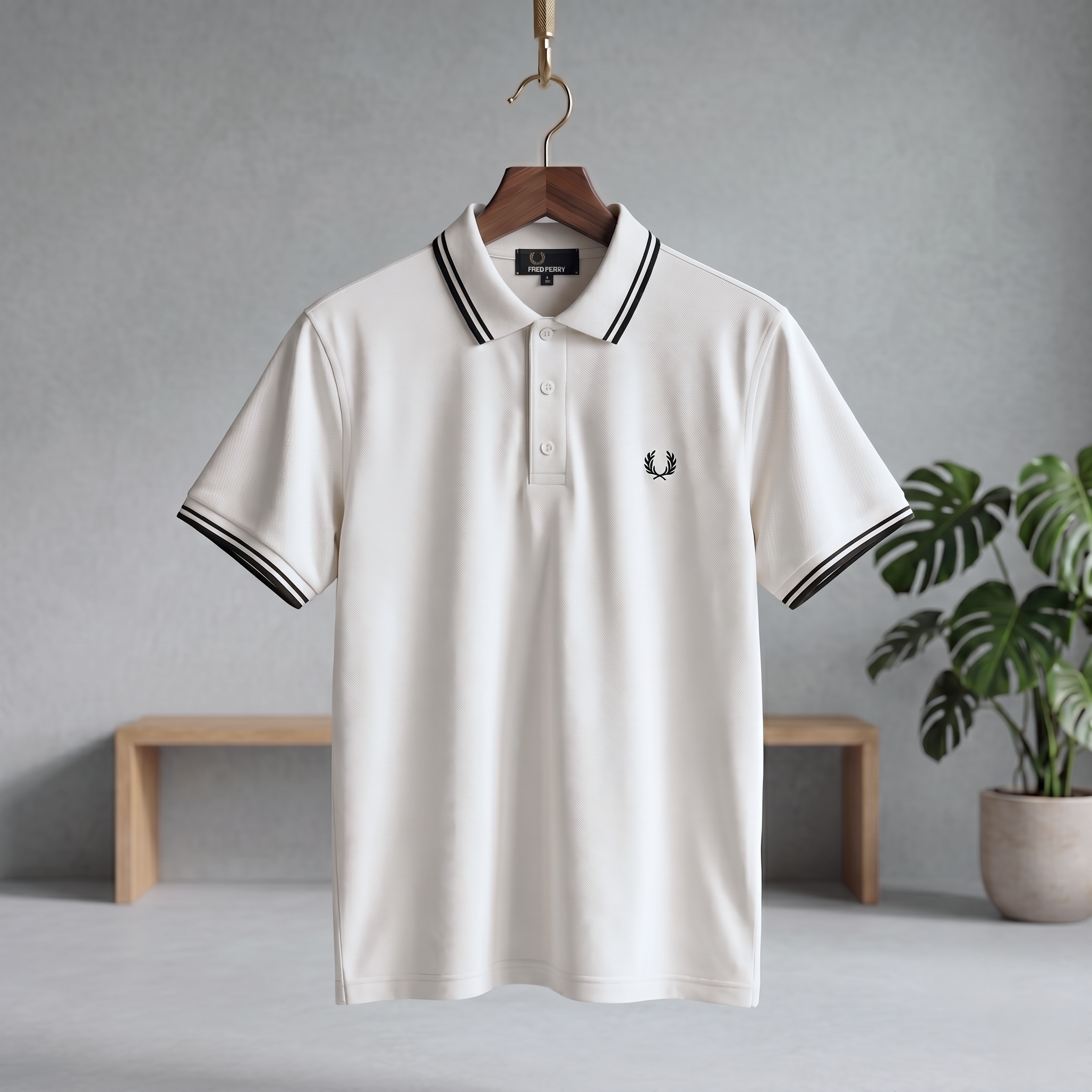 Ecru polo shirt with black striped collar and cuffs, button placket, small chest logo