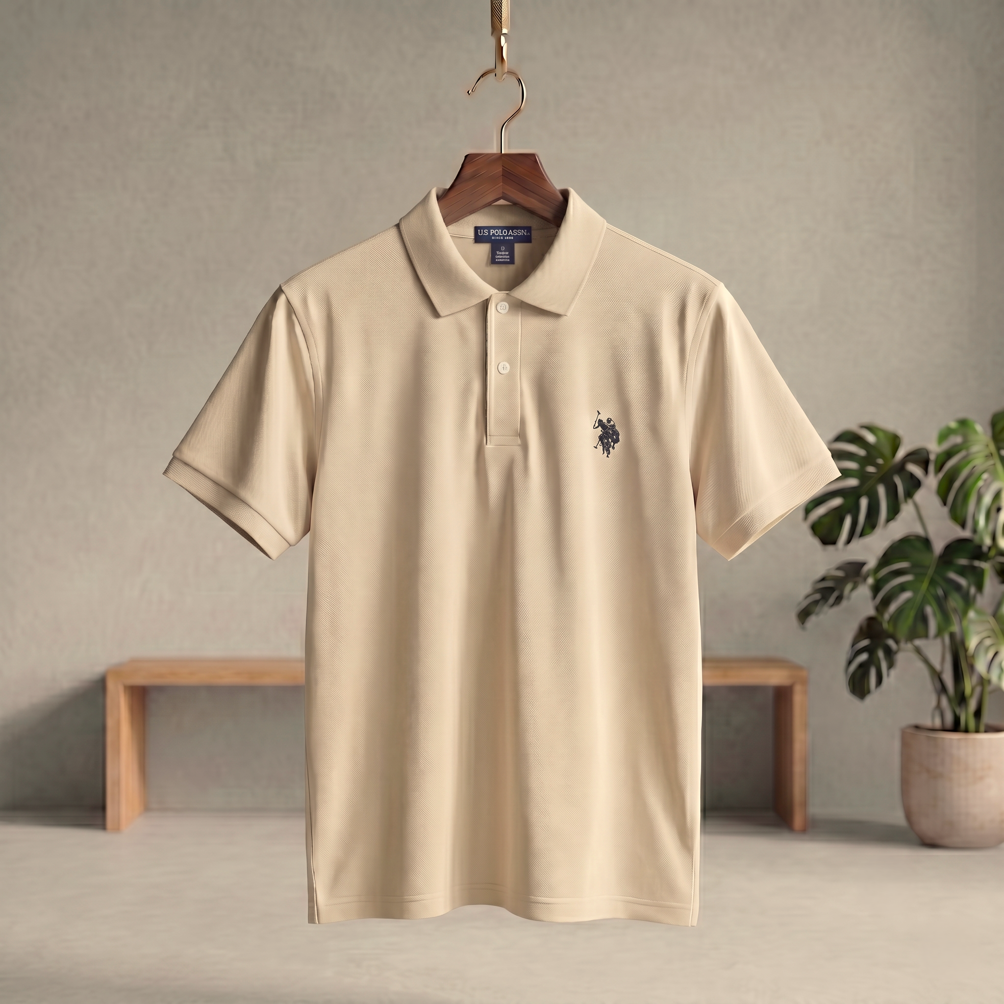 Light beige polo T-shirt with button placket, collar, and small chest logo