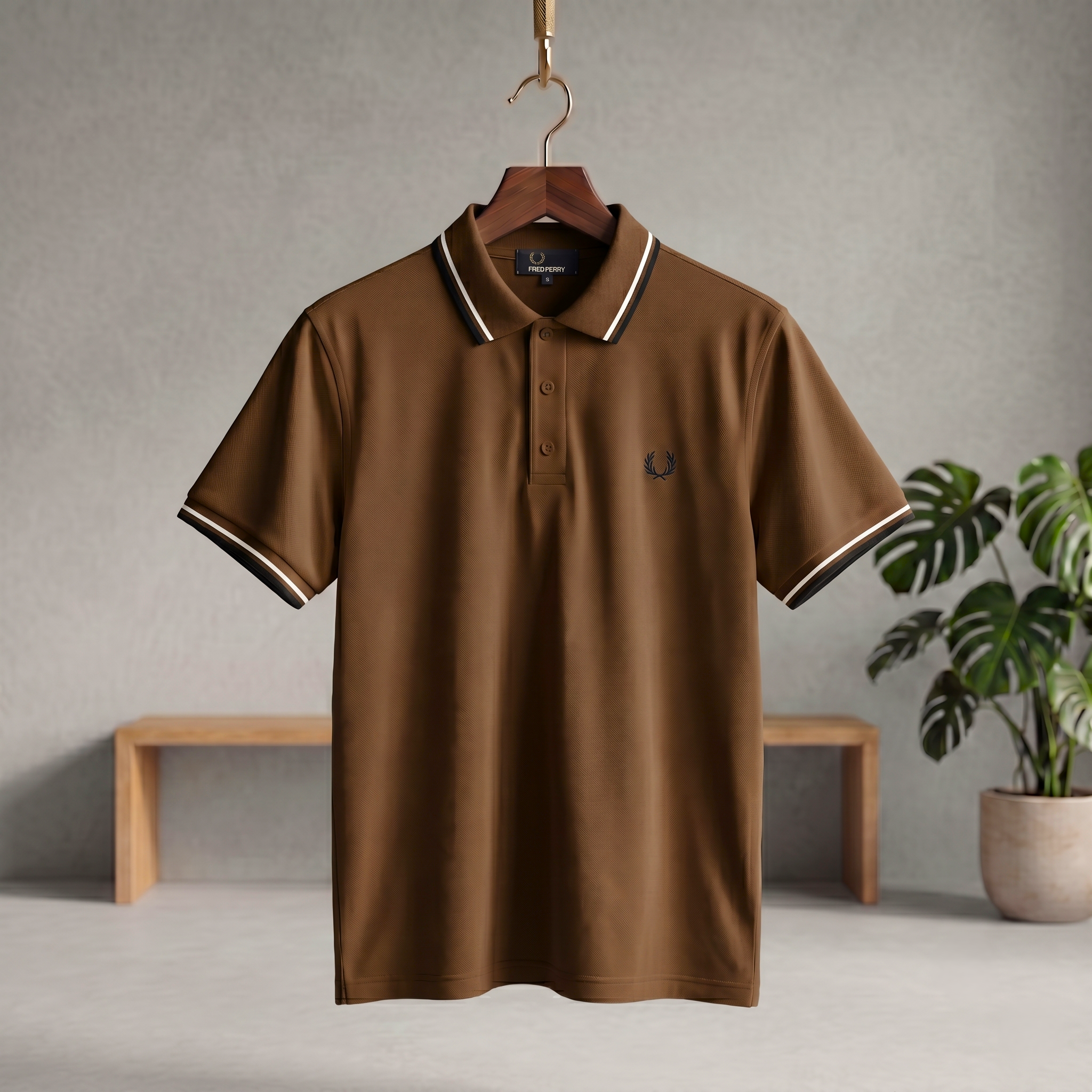 Chestnut polo T-shirt with button placket, ribbed collar, short sleeves and small logo