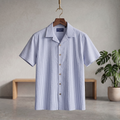Men's seersucker Cuban half shirt, short-sleeve button front with vertical blue stripes