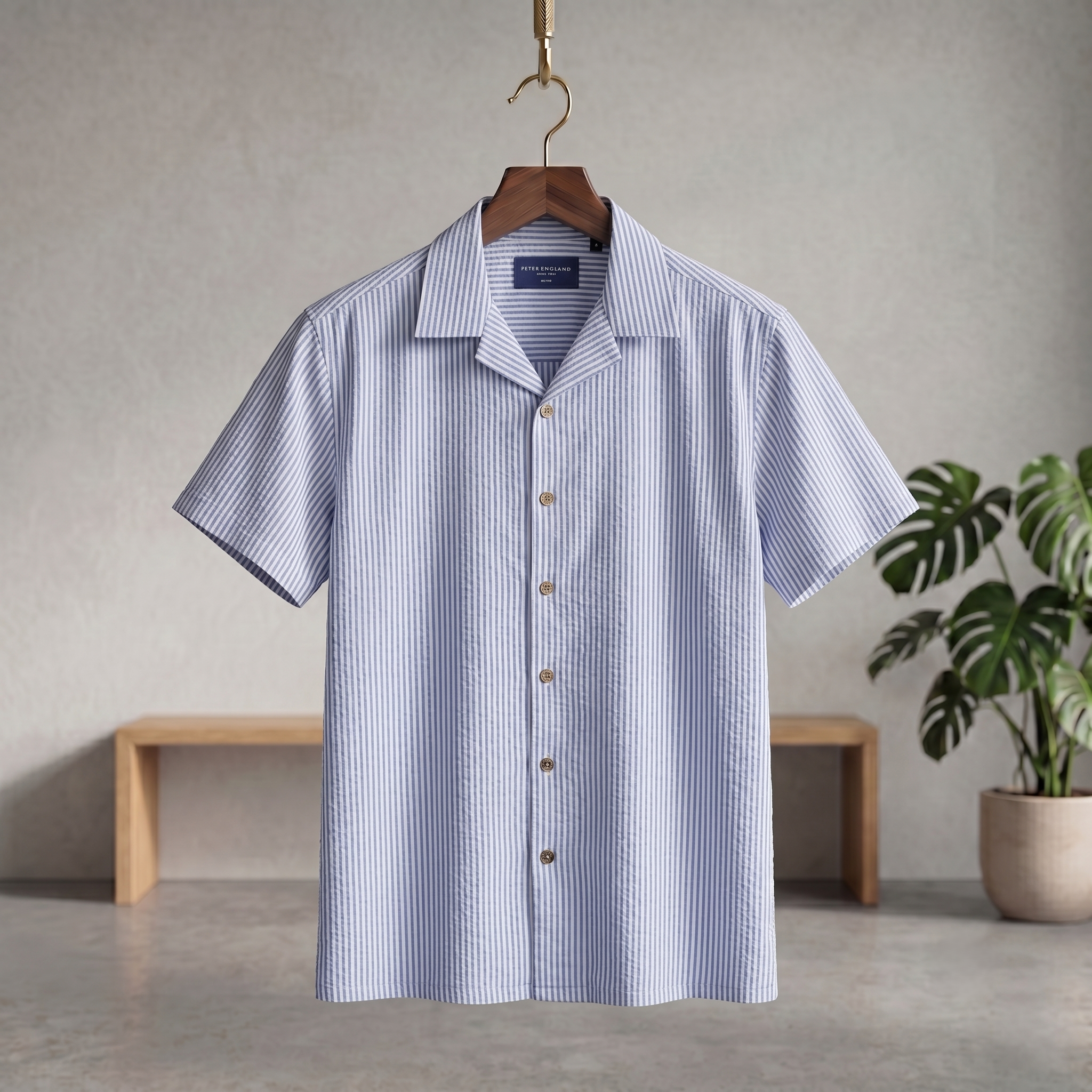Men's seersucker Cuban half shirt, short-sleeve button front with vertical blue stripes